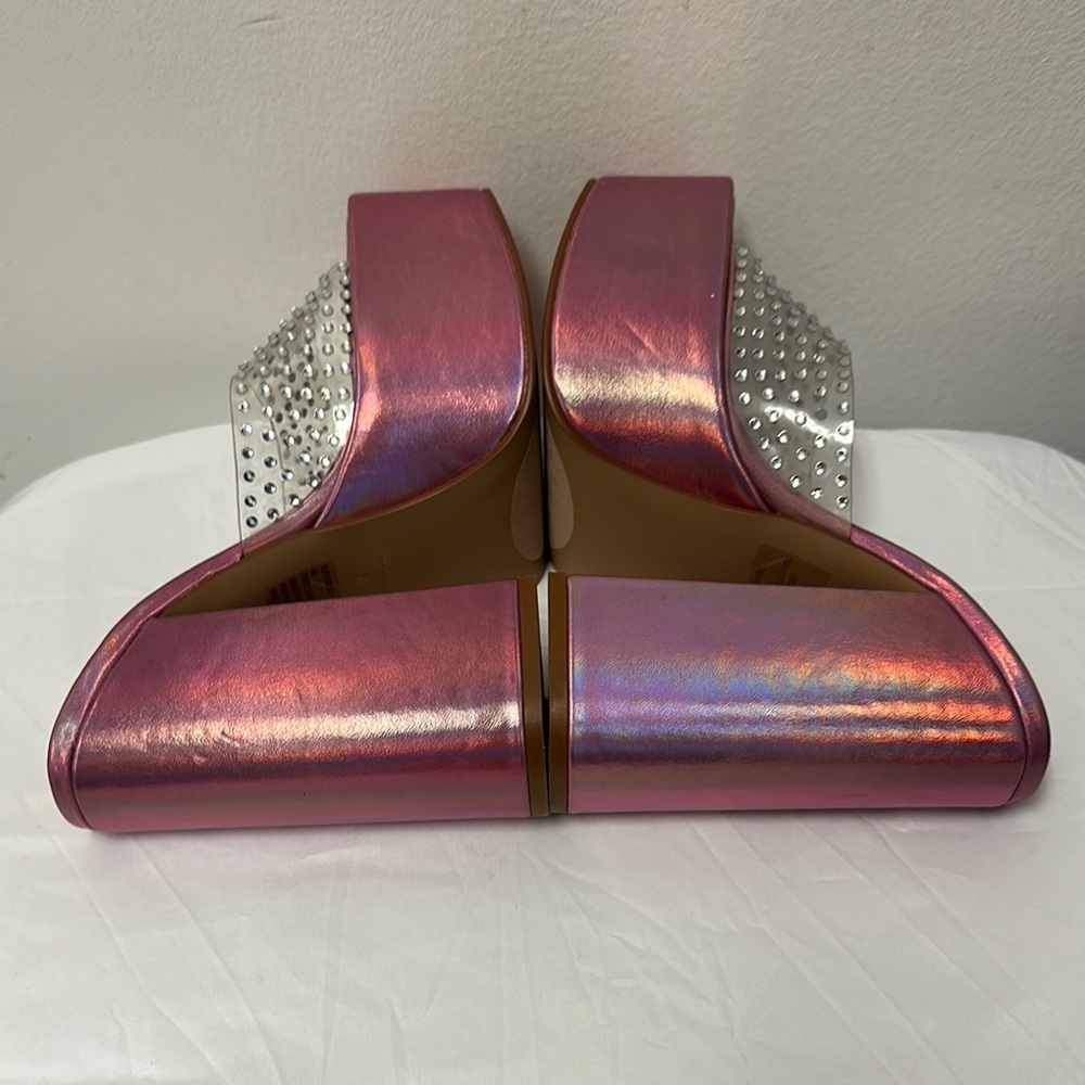 Steve Madden Ruby Iridescent Slip On Block Heel Squared Open Toe Heeled Sandals - Picture 5 of 16